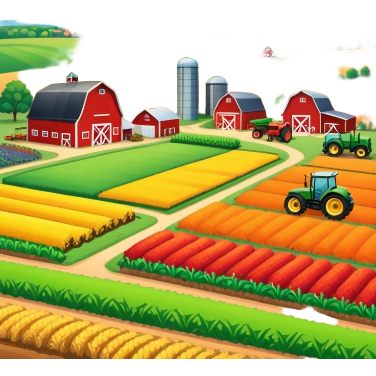 colorful rural landscape, inspired by farming simulators like Farming Simulator 22. The design shows fields, tractors, and barns, with vibrant crops and animals in the background. The peaceful farming scene symbolizes the immersive experience of managing a farm, with a transparent background emoji