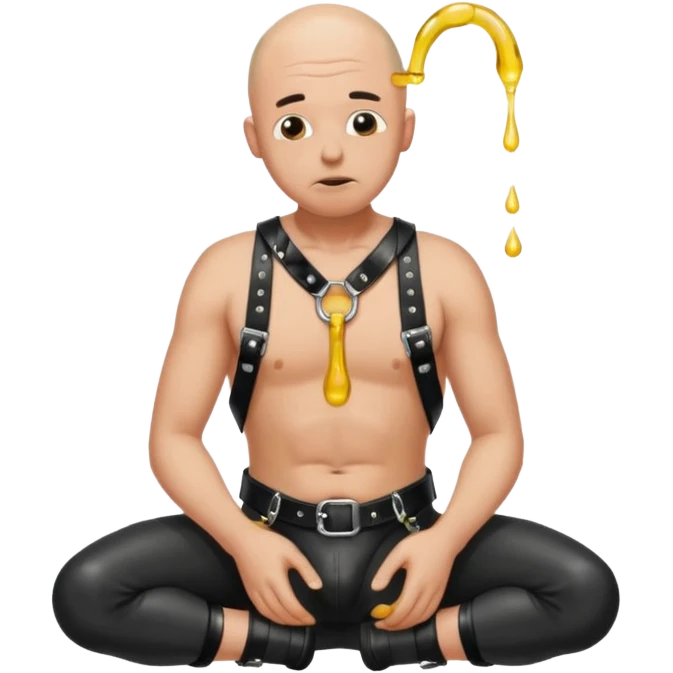 submissive bald man on his knees in a black leather harness standing man in leather, pouring piss down his throat emoji