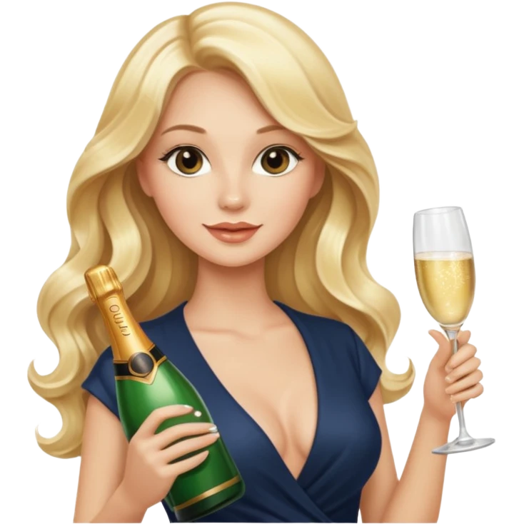 Glamorous blonde lady holding champagne bottle, long hair emoji