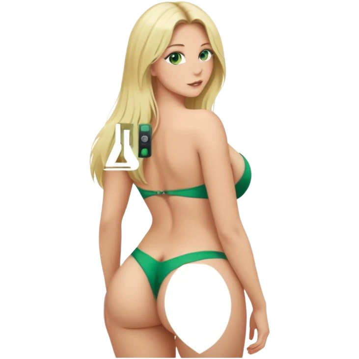woman huge tits long blonde hair green eyes full body g string thong huge butt looking back emoji