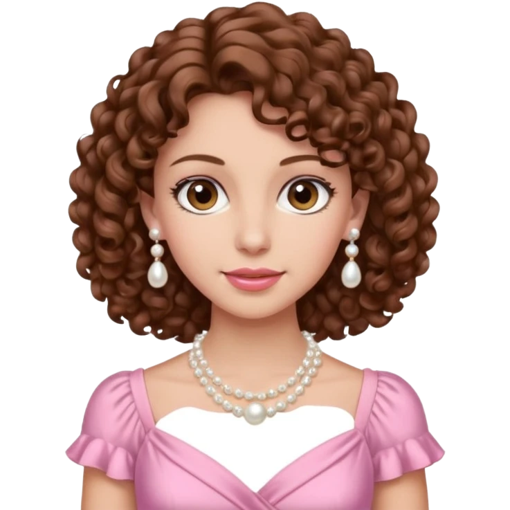 A woman with a brown curly hair and beautiful brown eyes and white skin and pink dress with pearl jewelry emoji