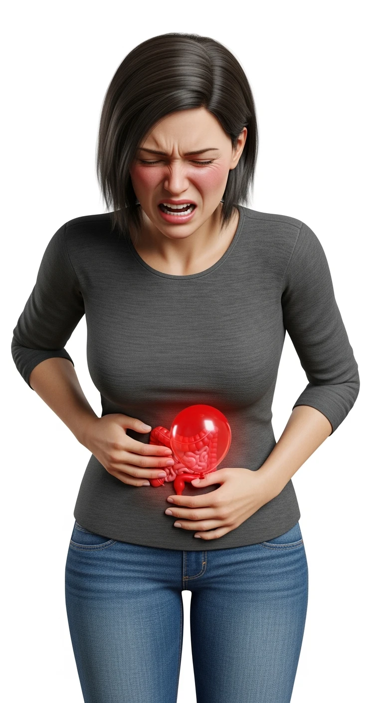 DONNA CON MAL DI PANCIA E CON INTESTINO SULLA PANCIA CHIUSO IN UN PALLONCINO ROSSO, ESPRESSIONE DI DOLORE IN VOLTO, IPERREALISTICA 4K, ISOLATA SU SFONDO BIANCO emoji