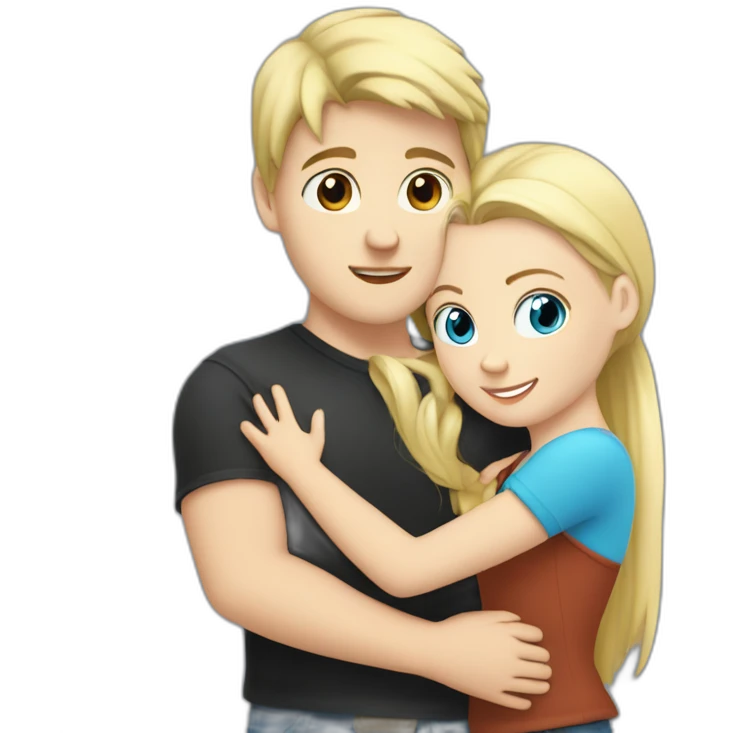 blond white girl with blue eyes hug white boy with black hair with pony-tail emoji