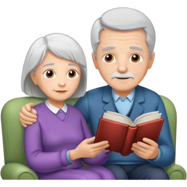 An elderly man combing the hair of an elderly woman sitting on a sofa reading a book emoji