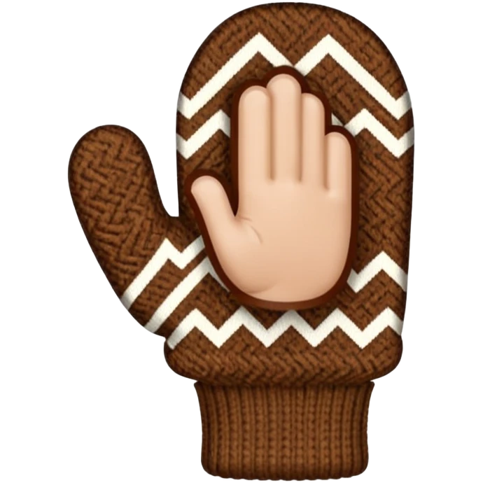 thumbs up fist in brown knit mitten with zig-zag beige pattern, no face emoji
