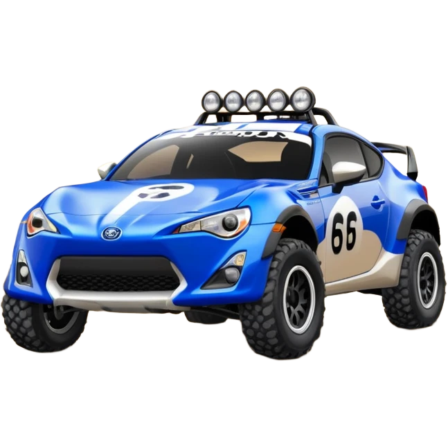 Dirty raced 2013 scion fr-s ultramarine off road 4wd monster Baja dessert stadium racer number 86 with long travel suspension, mirror chrome spoke wheels, black fender flares  emoji