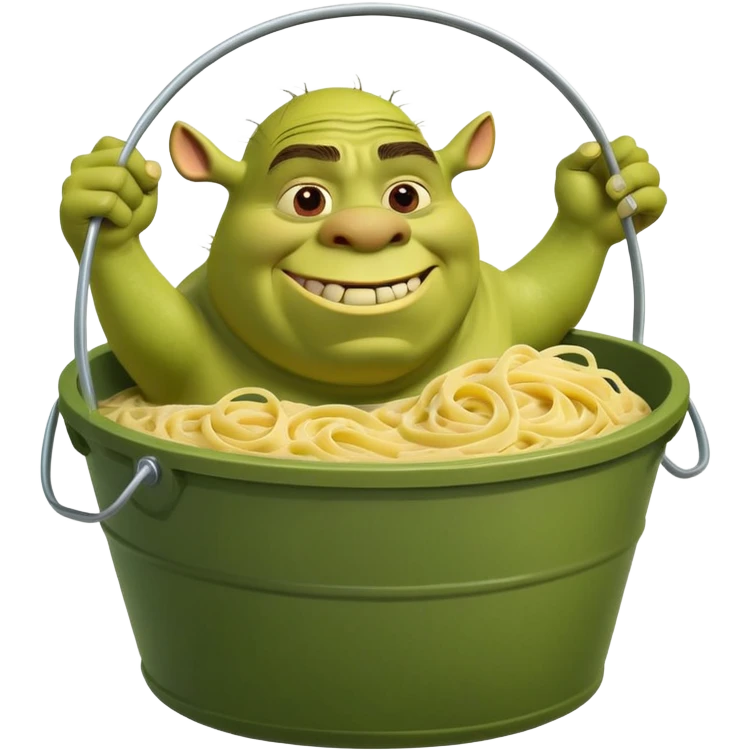 Shrek the green ogre holding a huge oversized bucket overflowing with carbonara pasta emoji