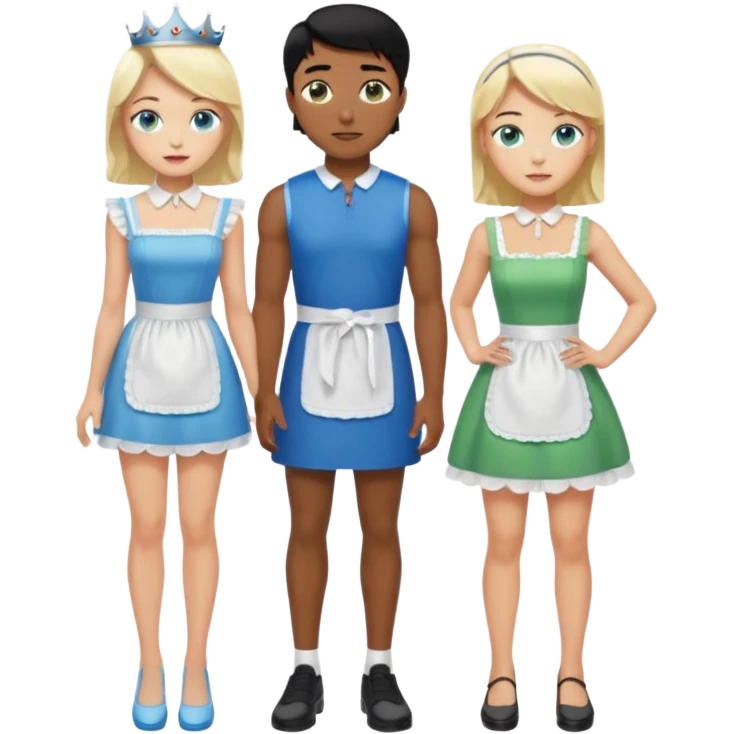 King, black hair, body, legst, blue eyes, shoes, maid blonde hair, green eyes, sexy short sleveless White dress, shoes emoji
