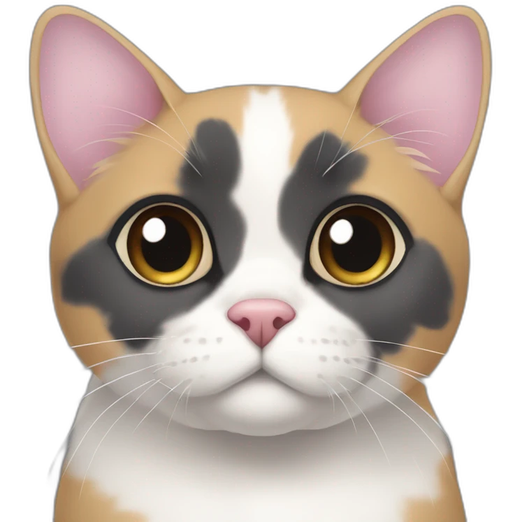 older diluted calico, white chin, black and pink nose, mostly dark grey with whiteish beige forehead, dark grey ears emoji