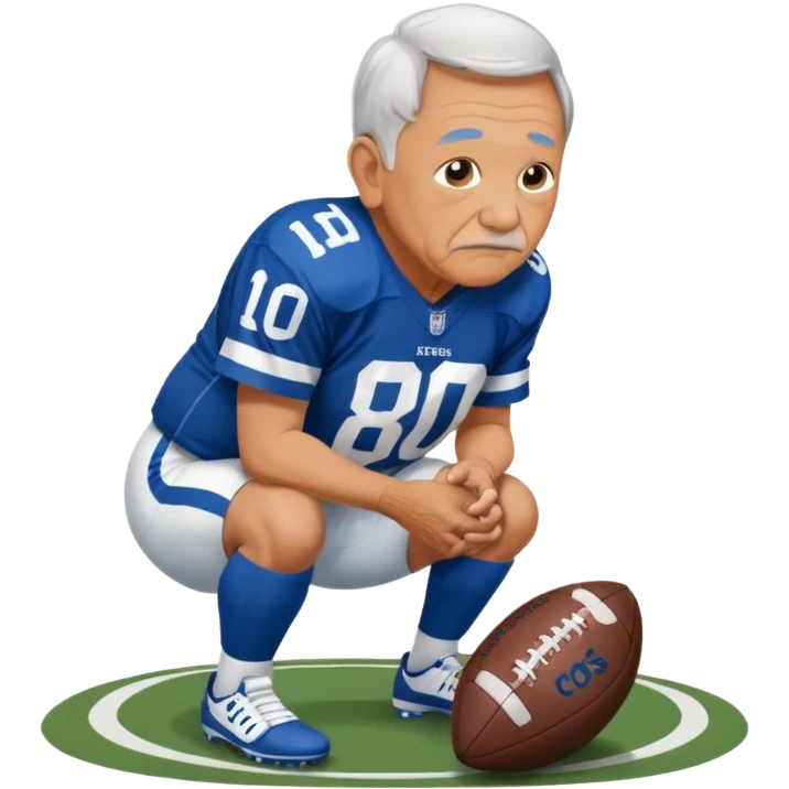 A grandpa playing football wearing an Indianapolis Colts jersey is. Show him kind of crouch down to the ground, holding the football and the name rivers on the back of his jersey. emoji