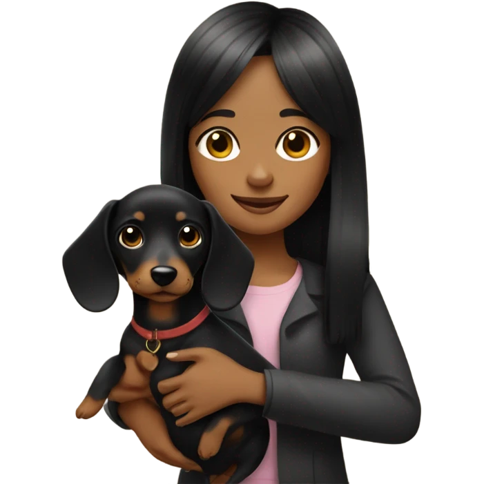 black bob and bangs girl holding a black and tan dachshund  emoji