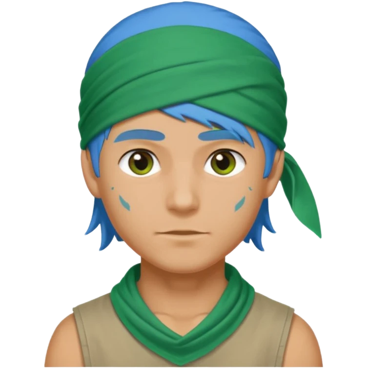 a man with half long blue hair, half short green hair and wearing head bandana emoji