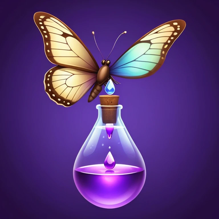 Small brown bottle floating with dim light, with a purple drop suspended in the air, slowly spinning in front of a luminous butterfly representing the thyroid emoji