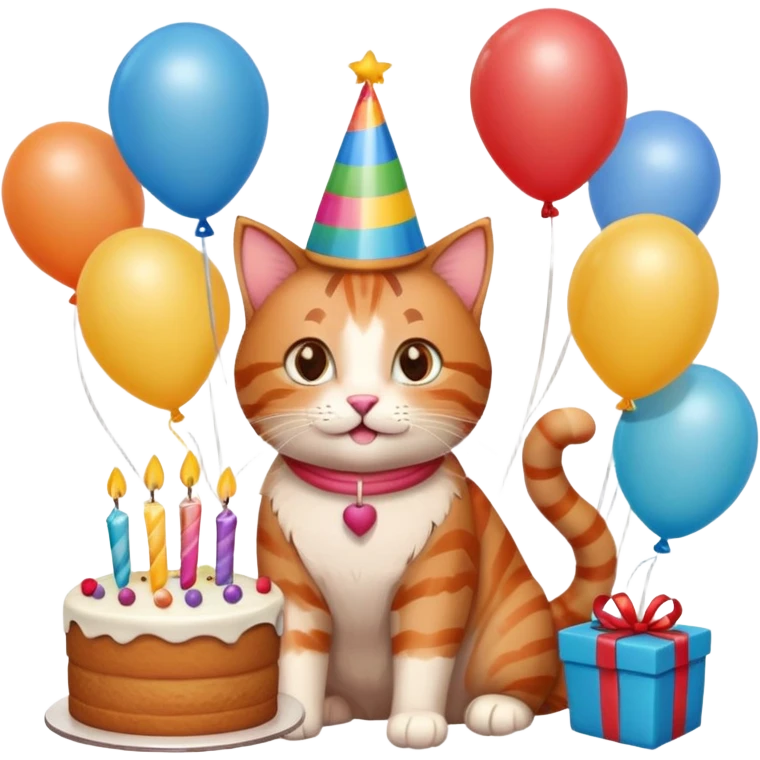 Ginger tabby cat celebrating birthday, birthday hat, birthday cake, balloons, happy, gifts emoji