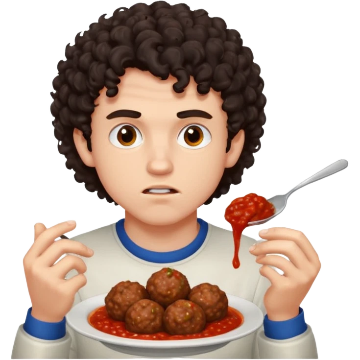 Ragazzo di 20 anni con capelli ricci scuri, leggermente arrabbiato che mangia 2 polpette  emoji