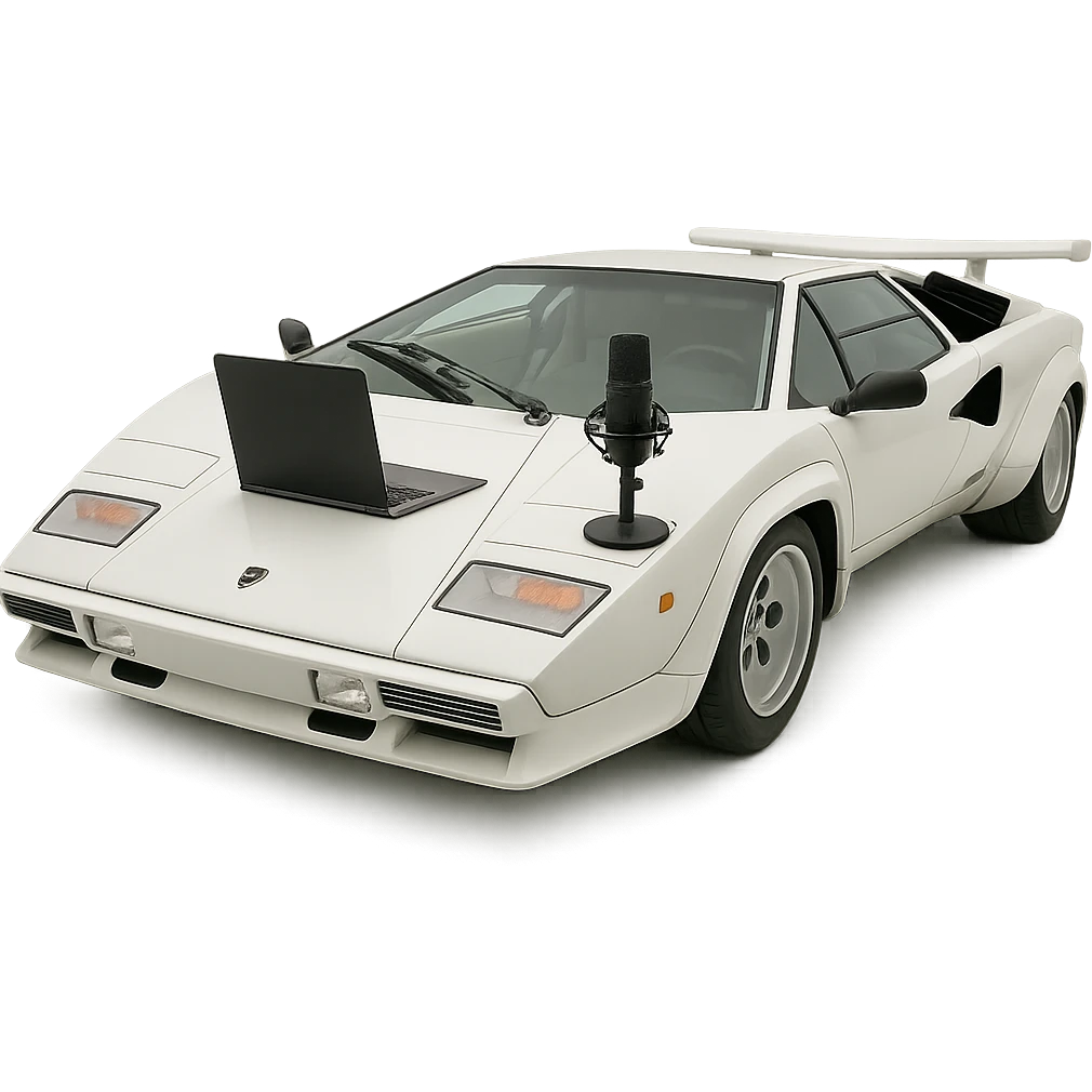 Lamborghini Countach with a laptop and recording microphone on the hood emoji