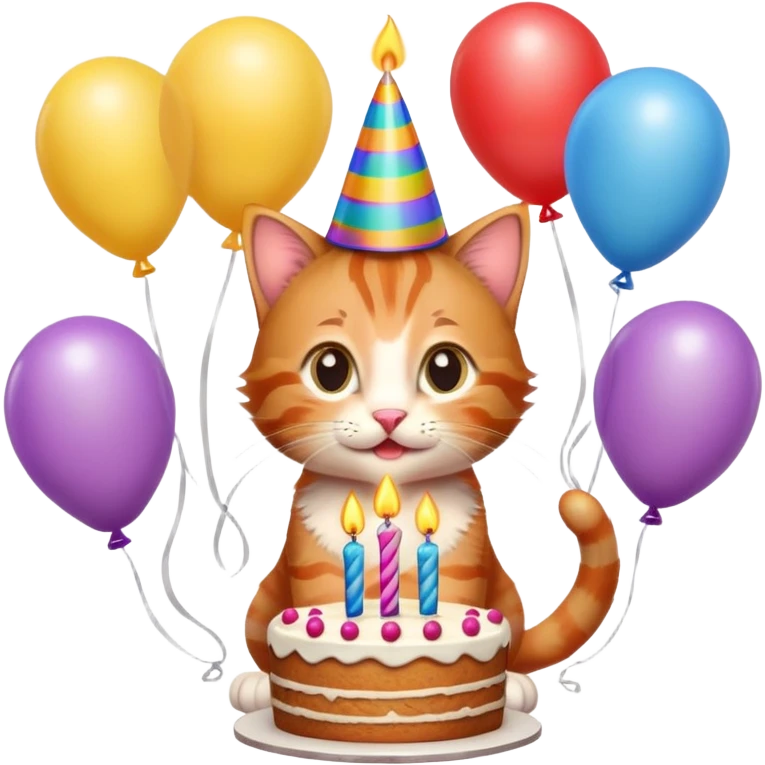 Ginger tabby kitten celebrates birthday, birthday hat, birthday cake, one candle, balloons, happy, gifts emoji