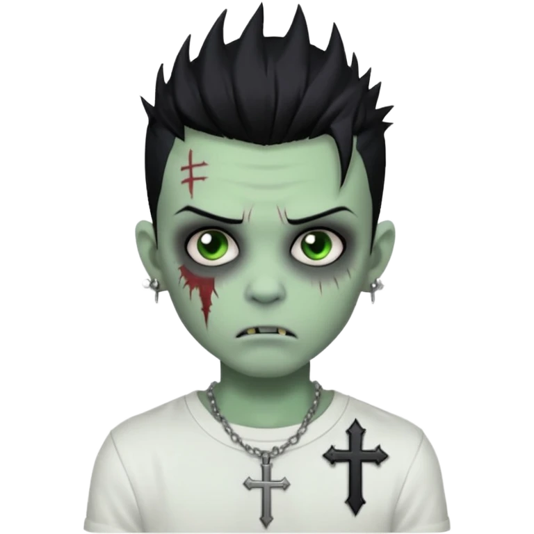 zombie boy with spiky emo black hair and white shirt , tattos, a risk on the eyebrow, earings,  a necklace with a cross, green skin emoji  emoji