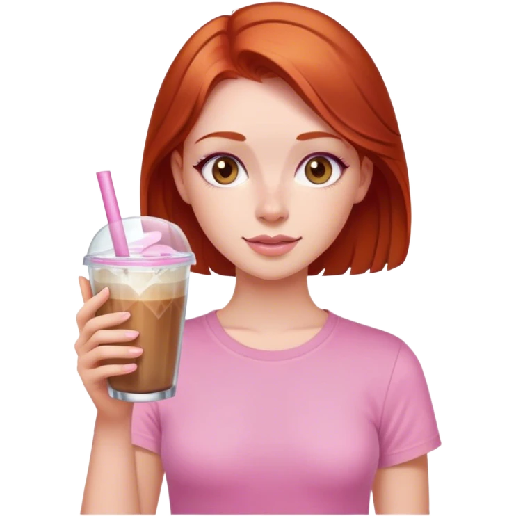 Redhead girl with ice coffe cristal glass brown eyes and a pink tshirt  emoji