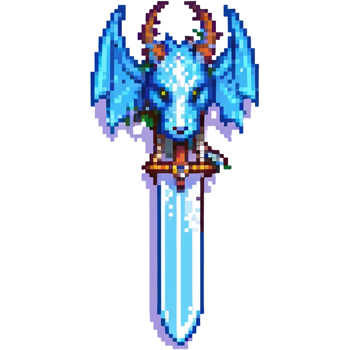 Icy sword shaped like a dragon, pixel art, shimmering snow accents, fantasy RPG weapon emoji