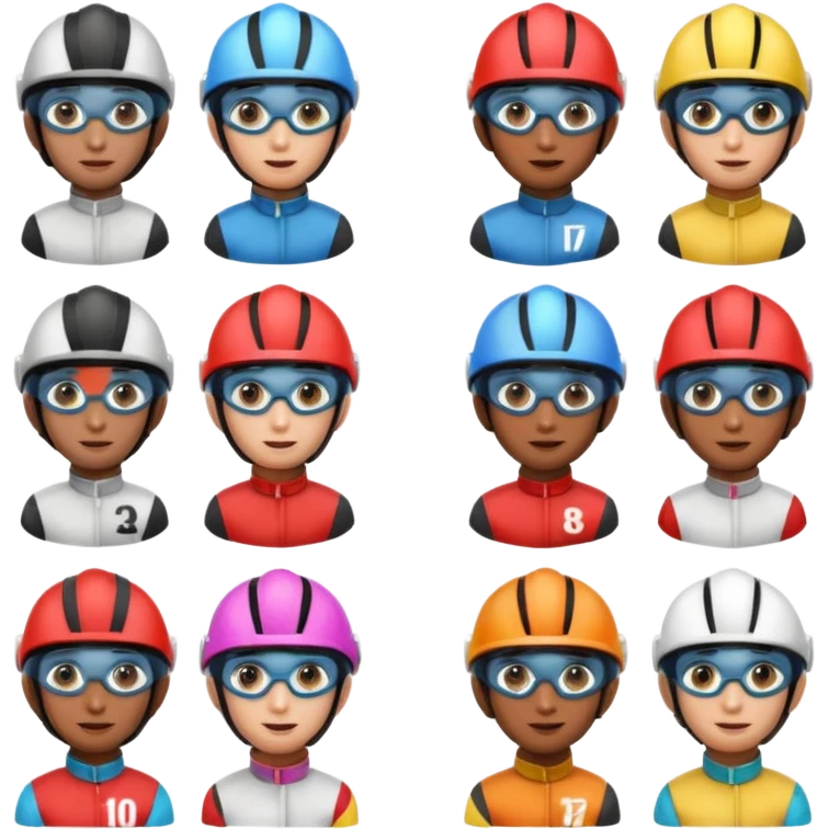 diverse horse race jockey portraits, head and shoulders only, different skin tones, different helmet colors, racing goggles, 3D cartoon, mobile game icon style, clean background, no text, no watermark
 emoji