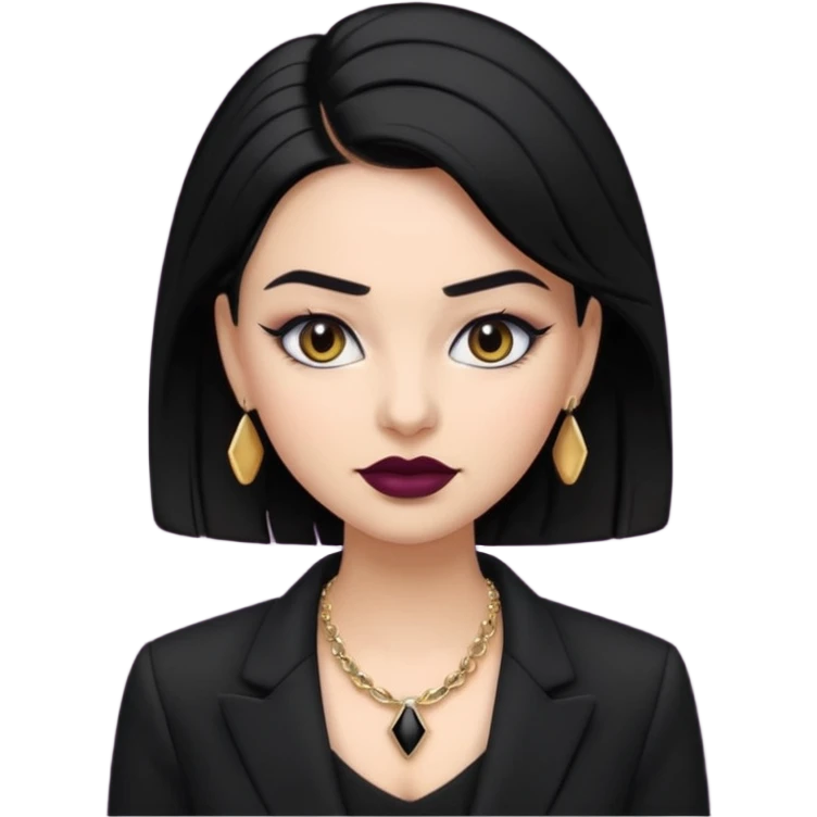 “Emoji girl, sculpted contour, bold dark lipstick, defined brows, sharp eyeliner, sleek black hair updo, statement necklace, black blazer.” emoji