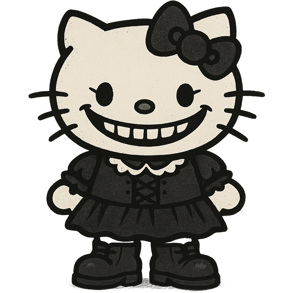 gothic Hello Kitty with a silly grin, dark clothing, humorous vibe emoji