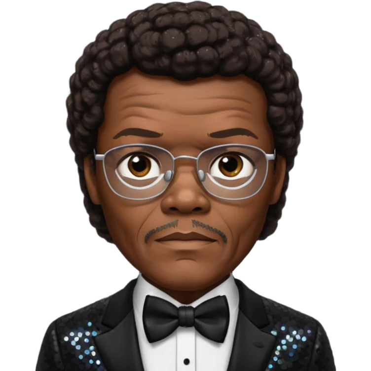  Samuel L Jackson with dark brown hair, black sequin suit with bow tie emoji