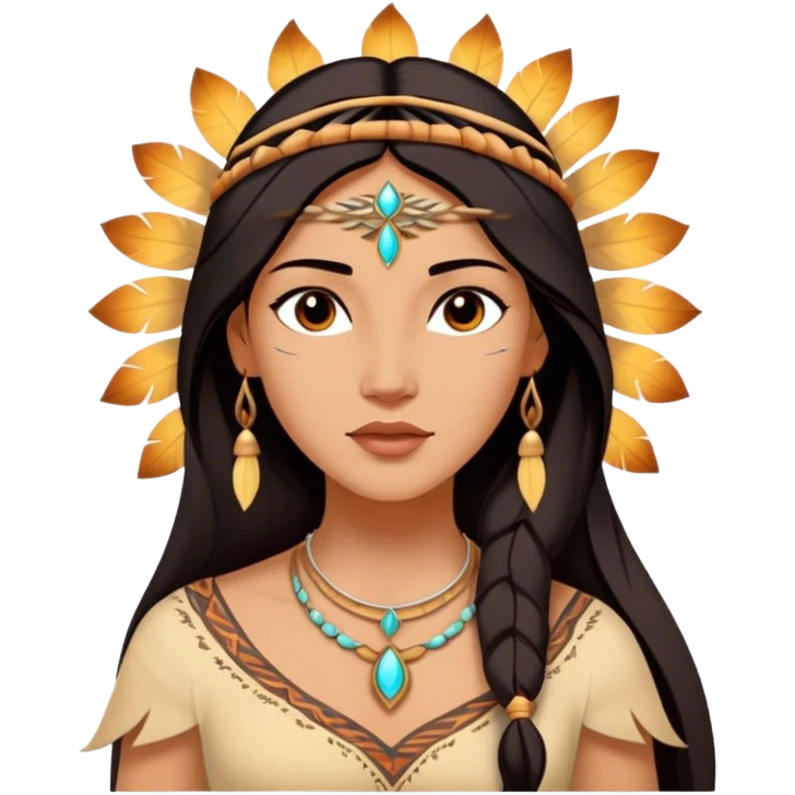 Cinematic Radiant Pocahontas Portrait Emoji, rendered in a vector-style with clean lines. Show Pocahontas with luminous, sun-kissed skin and flowing dark hair adorned with subtle natural ornaments, her expression calm and kind, dressed in simple traditional attire with earthy tones. The image glows softly with a warm, inviting radiance, enhanced by a soft glowing outline. emoji
