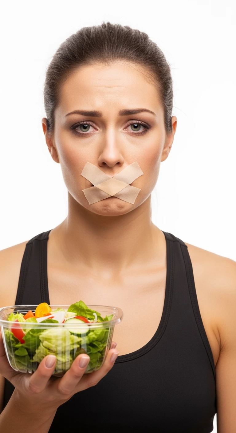 donna fitness con insalata in mano ed espressione molto triste e stanca, scotch a croce sulla bocca, sfondo bianco emoji
