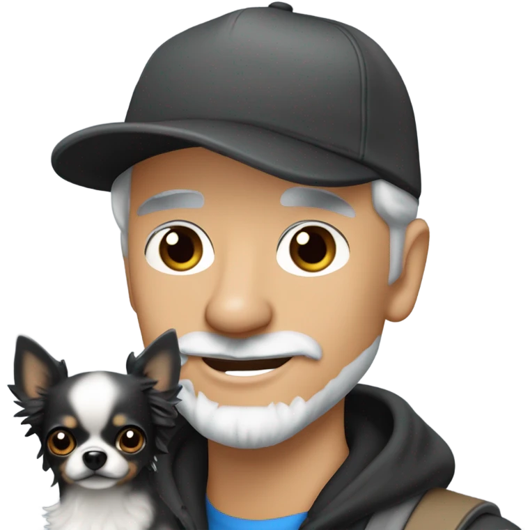blue eyed gray haired gray goatee man in ball cap holding a black longhaired chihuahua  emoji