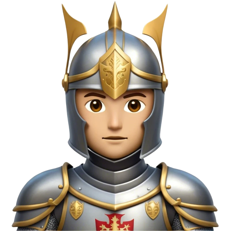 Clash of Clans aesthetic friendly Knight Portrait Emoji, With a noble, armored build featuring a gleaming suit adorned with intricate heraldry and a determined gaze behind a visored helm, his face rendered in a natural skin tone (not yellow), Simplified yet dynamic features, highly detailed, glowing with a cool, steely radiance, high shine, courageous and resolute, stylized with an air of chivalric valor, focused and stalwart, soft glowing outline, capturing the essence of a valiant knight ready to charge into epic quests with honor! emoji