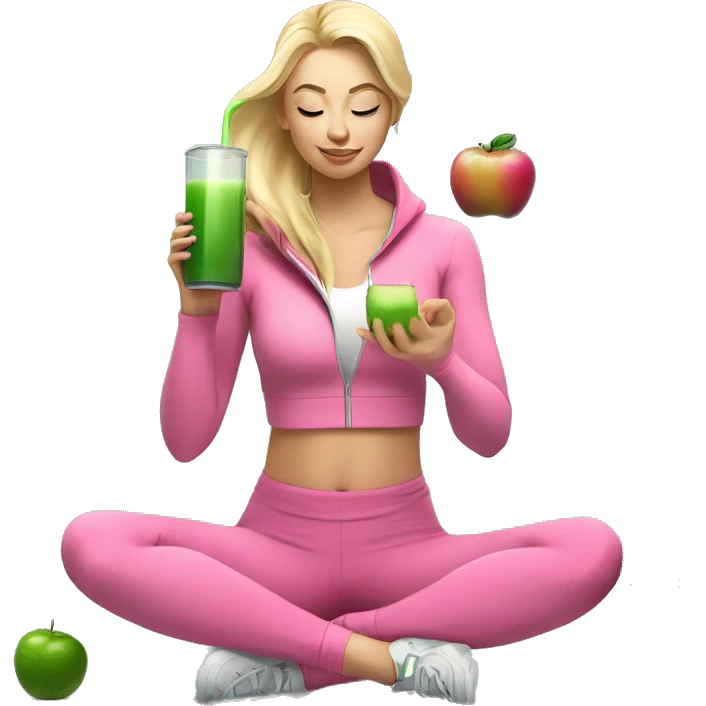 blonde girl in pink yoga pants and zip up workout jacket sitting in a yoga pose and having a green juice in her right hand and an iphone in the other  emoji