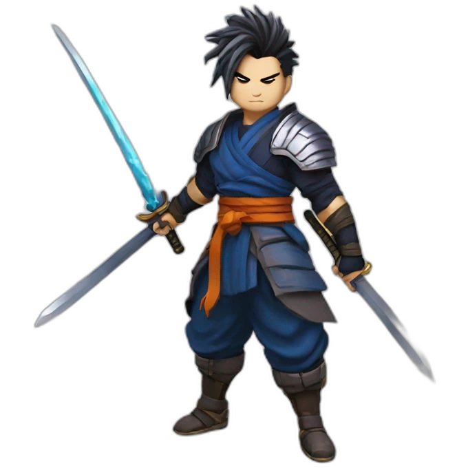 yasuo from league of legend in the dragon ball z style with color with a tired hair and a katana emoji