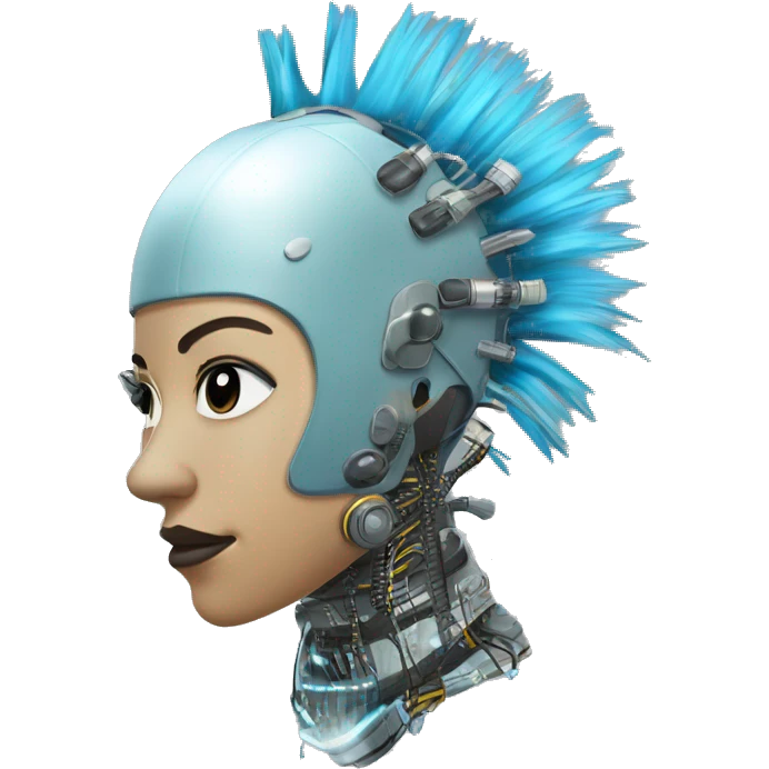 Light blue Mohawk female cyborg head with silver respirator mask and circuits emoji