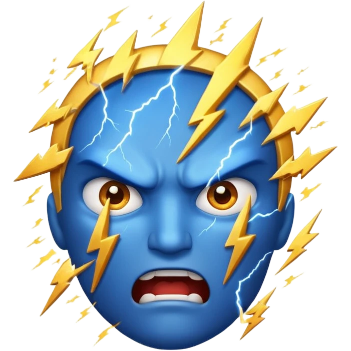 Rayos, centellas y estrellas en una cara color azul con expresiones de furia emoji