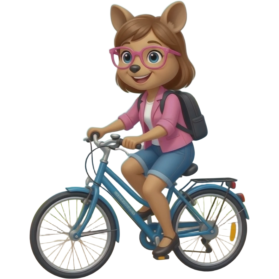 A quokka girl with pink glasses happily riding her ebike alongside the river mosel towards her job in luxemburg emoji