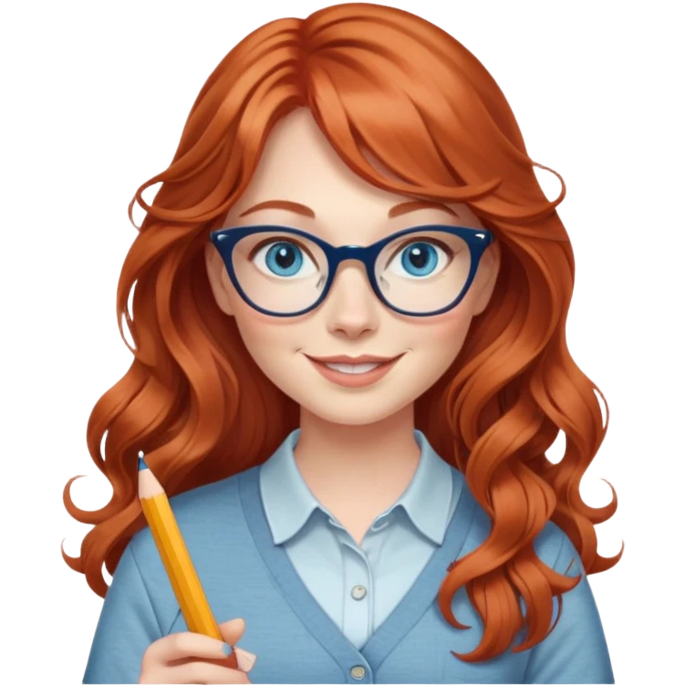 redheaded woman with very long wavy hair and bangs, blue eyes, clear cat-eye glasses, casual chic outfit, holding a pencil, smiling emoji