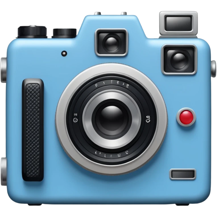 A hand-drawn doodle in a minimalist, cartoon style of a [vintage camera]. The object is white with thick, rough, black marker outlines and two small black dot eyes. It is a simple sketch with no realistic textures, centered on a solid [blue] circular background." emoji