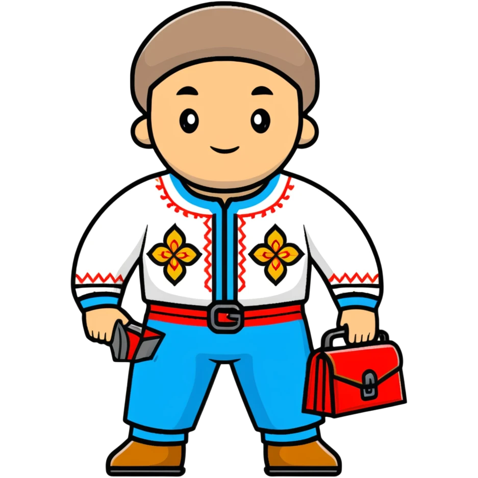 Ukrainian man in traditional embroidered vyshyvanka shirt holding a toolbox emoji
