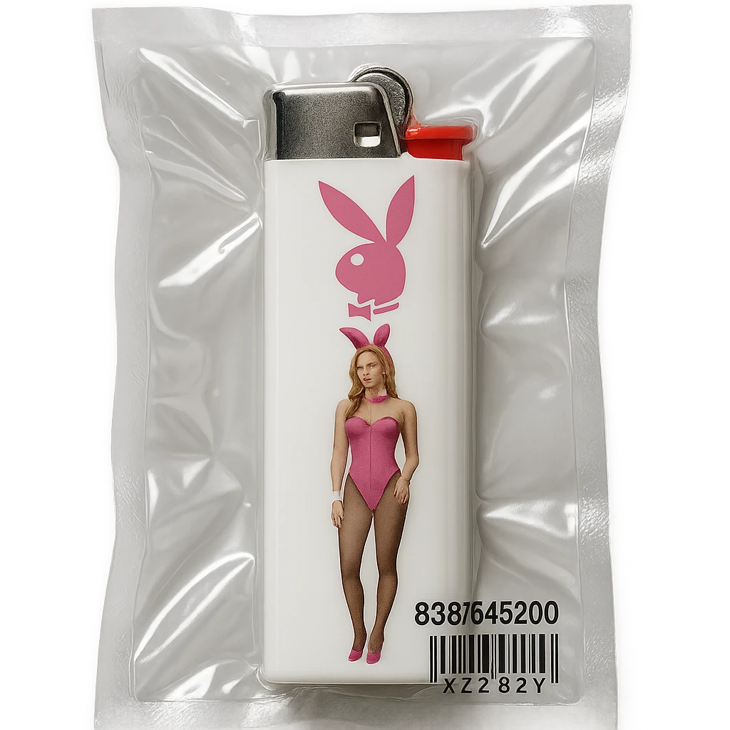 white BIC lighter, glossy, with a pink Playboy Bunny logo and a model in a pink bunny suit emoji