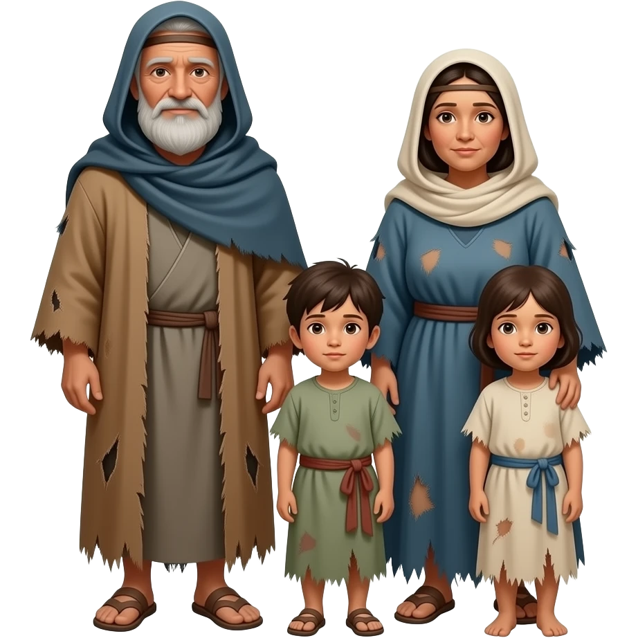 A poor nomadic family with an old man old woman and 2  children, wearing old tattered draped clothing from biblical times emoji