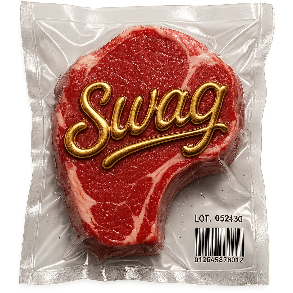 steak with gold cursive 'SWAG' lettering, shiny and inflated emoji