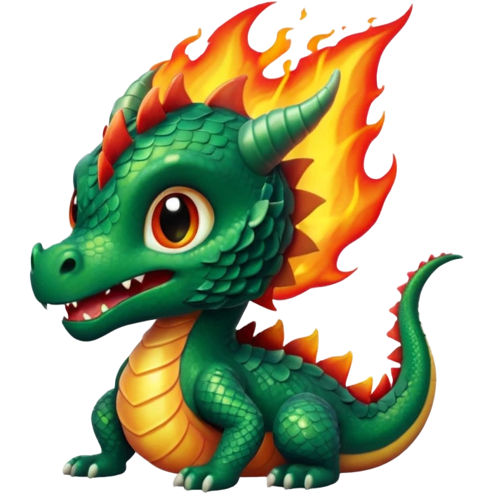 cute baby dragon breathing fire, dark green emoji