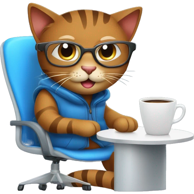 "Create an emoji of a happy brown cat with computer glasses, typing on a blue laptop and taking notes. The cat is sitting on an ergonomic chair with a coffee mug and a potted plant, wearing a winter jacket because the office AC is cold." emoji