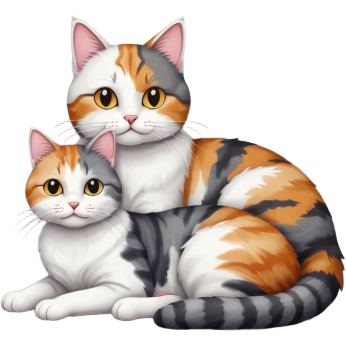 full body colourful light patched calico + white tabby cat cuddling a big dark grey and white tabby cat  emoji