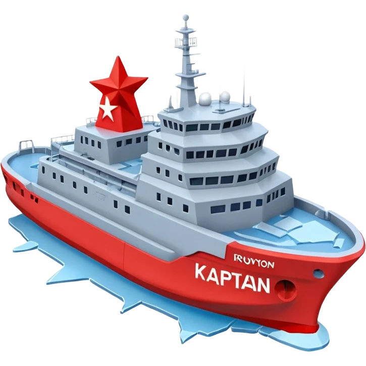 Realistic 3D icon of icebreaker "Kapitan Krutov" (grey hull, red star, white superstructure, "РОСМОРПОРТ" lettering). Soft winter lighting, 3/4 aerial view. Fractured blue ice, white background. High detail, photorealistic GSON style. emoji