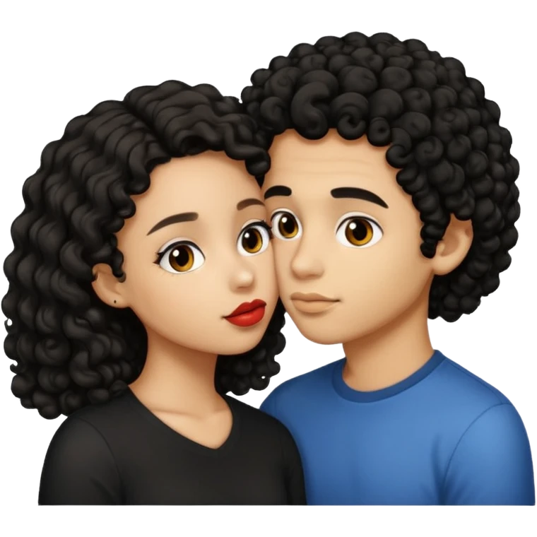 a light skin girl with medium black curly hair and a light brown boy with medium length black hair kissing emoji emoji