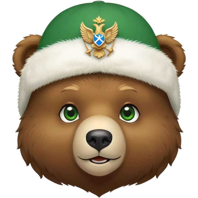 Just the head of a cute small brown bear cub with green eyes, wearing only a white fluffy ushanka hat with detailed Russian Federation double-headed eagle emblem, no other clothing, iOS emoji style emoji