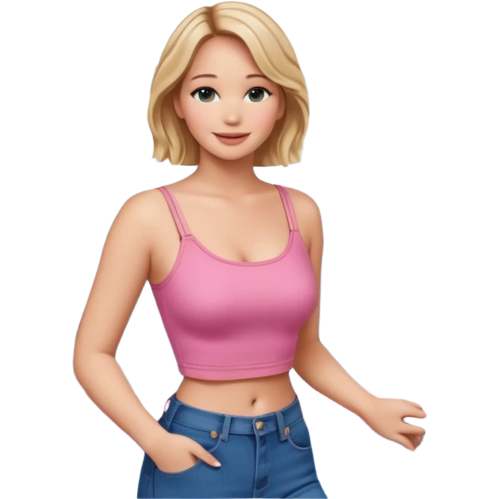 jennifer lawrence, pink crop top, and blue jeans, leaning on a balcony with a harbor and cityscape in the background, smiling emoji